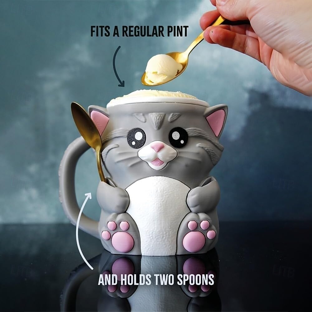 מחזיק קרח של Cuddles the Cat עם 2 כפיות, מעמד לחצי גלידה, מכיל 473 מ"ל/16 אונקיות של גלידה, מיכלי גלידה רב פעמיים, מחזיקי ארטיקים, מתנות אידיאליות לאוהבי חתולים 2025 - $33.99 –P4