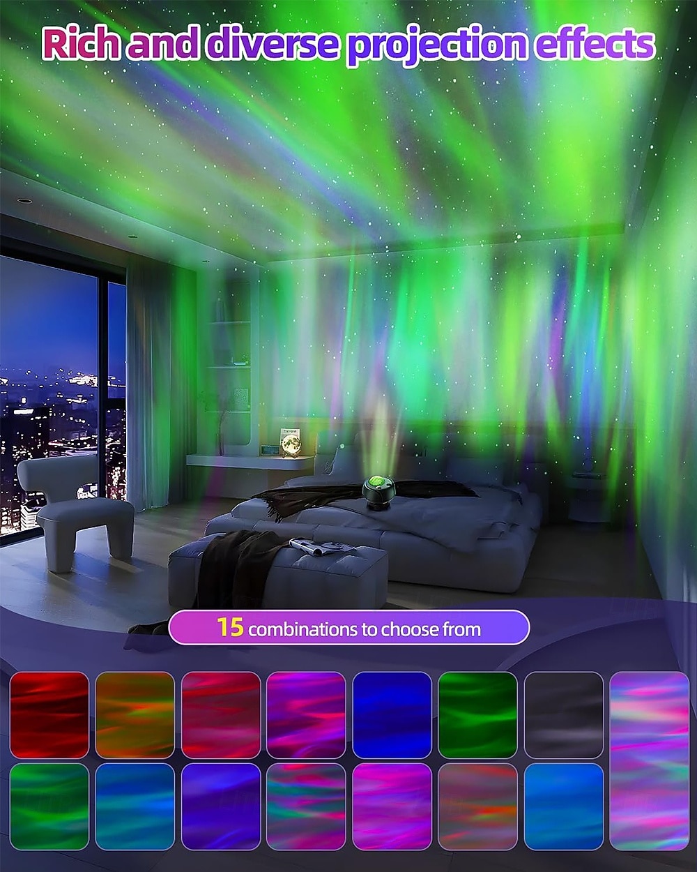 Noorderlichtprojector 15 combinaties Galaxy-projector 60 lichteffecten Sterrenprojector voor de slaapkamer Afstandsbediening Nachtlampje met Bluetooth-luidspreker Timer 2026 - $84.99 –P2