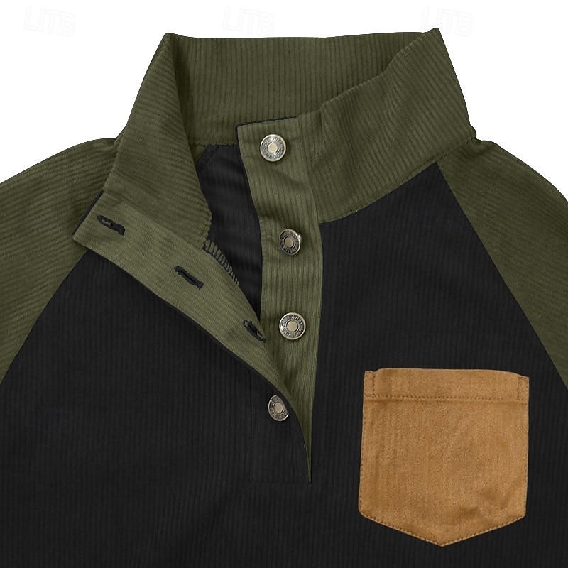 Hombre Sudadera Pana Sudadera Con Capucha Pull-over Sudadera con capucha y botones Albaricoque Caqui Claro Negro Verde Ejército Burdeos Cuello Mao Plano Retazos Deporte Casual Diario Ropa de calle 2025 - $27.99 –P9