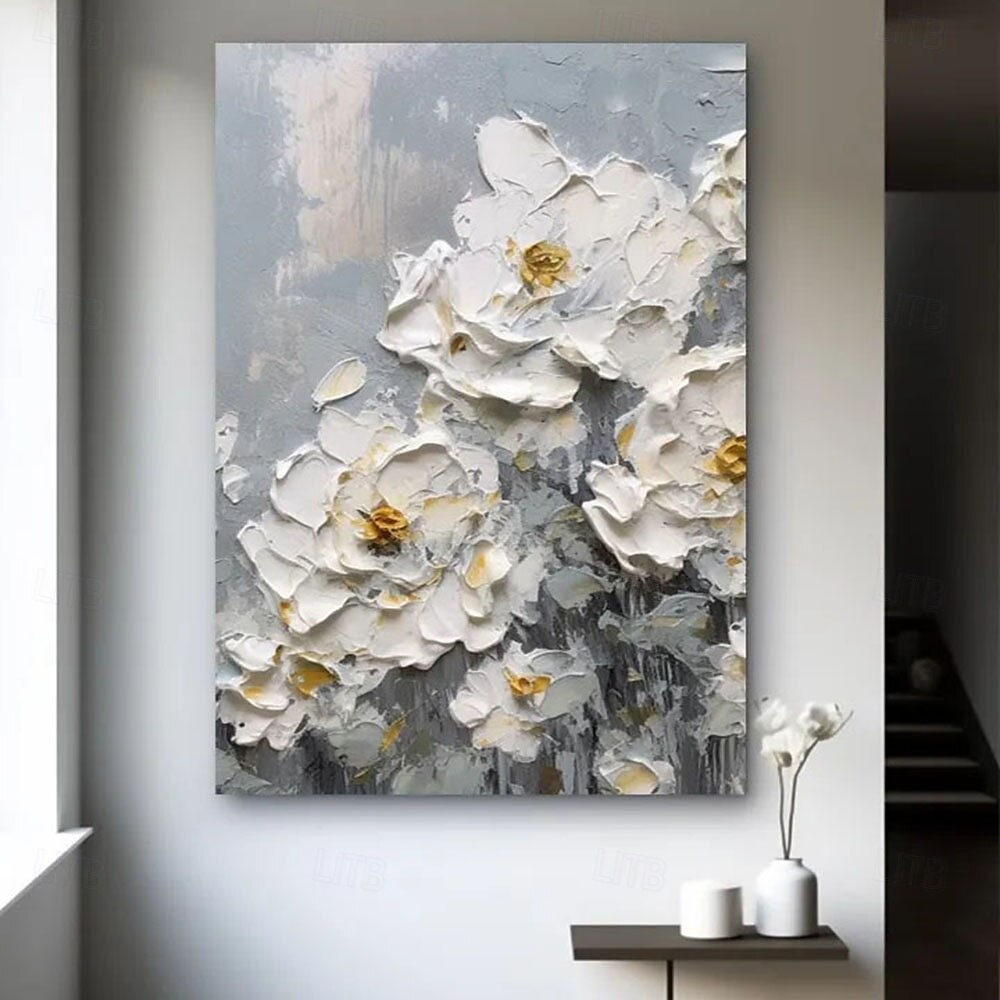 2025年 鮮やかな花の構図と白い牡丹を特徴とする手作りの3D白い花の油絵。絶妙なインパスト技法と豊かな色彩パレットが特徴で、エレガントな室内装飾に最適です。  コレクション – $54.99 –P5