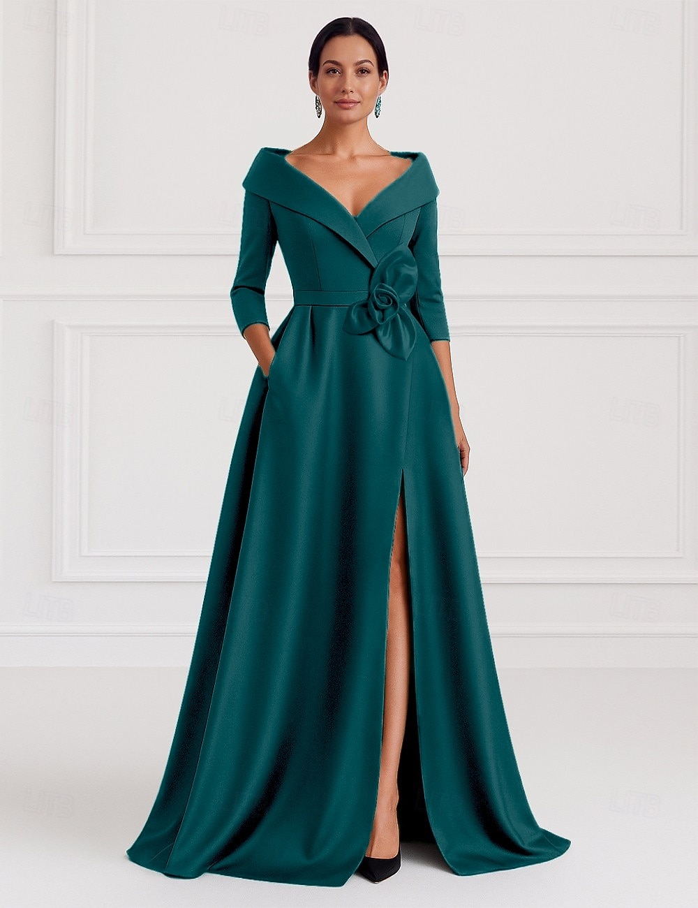 A-الخط طول الأرض فساتين السهرة منفوش الزي الرسمي أنيق حريري 3/4 الكم قبعة القميص رسمي زفاف جيبة ستان مطاطي مع شادر زهرة 2025 2025 - ₽11986.32 –P7