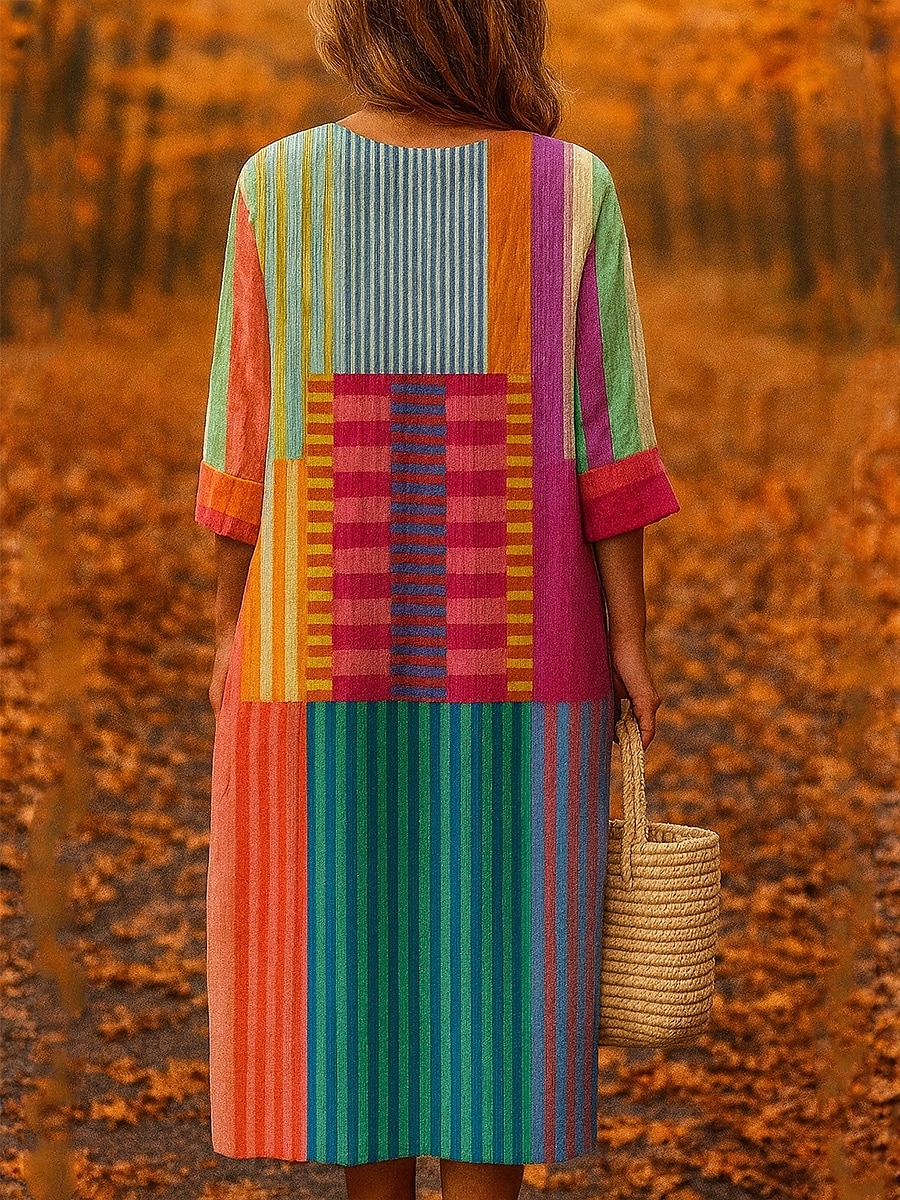 Naisten midi mekko V-kaula-aukko pitkähihaisella kaftaanilla kevyt löysä malli A-linjainen mekko rento boho ulkona löysä malli graafinen geometrinen pitkähiha V-kaula-aukko keltainen punainen syksy 2025 - $35.99 –P2