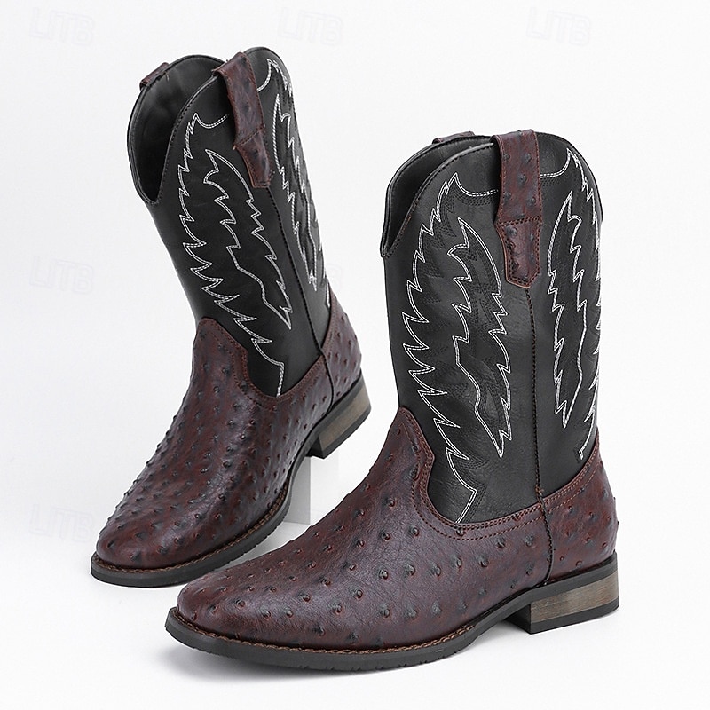 herr western cowboystövlar med fyrkantig tå slip-on halvhög vad ridstövlar avslappnade lantliga skor för dagligt bruk 2026 - $79.99 –P12