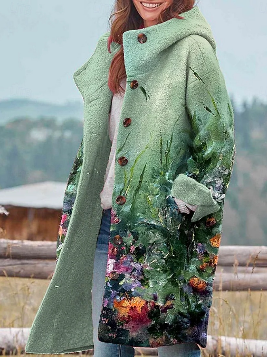 Dame Vinterjakke Fleece-jakke Frakk Hold Varm Pustende Lomme Knapper Trykt mønster Aktiv Daglig Fritid Blomstret Feriereise Gate Daglig Enkeltkneppet Lang Hettegenser Normal Langermet Yttertøy Svart 2025 - $46.99 –P5