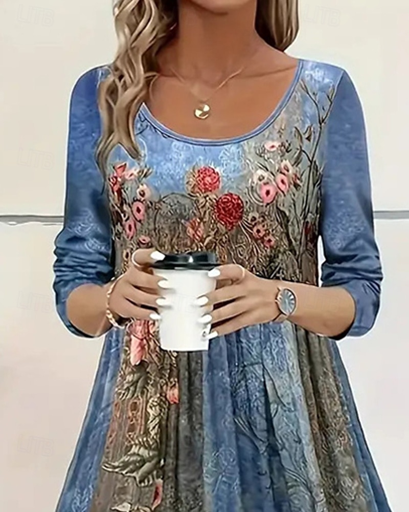 Pentru femei Rochii Midi Rochie casual Rochie imprimata Epocă Modern Zilnic Dată Sfârșit de săptămână Fit regulat Floare Manșon Lung Stil Nautic Albastru piscină Trifoi Albastru Deschis Primăvar 2025 - $24.99 –P4
