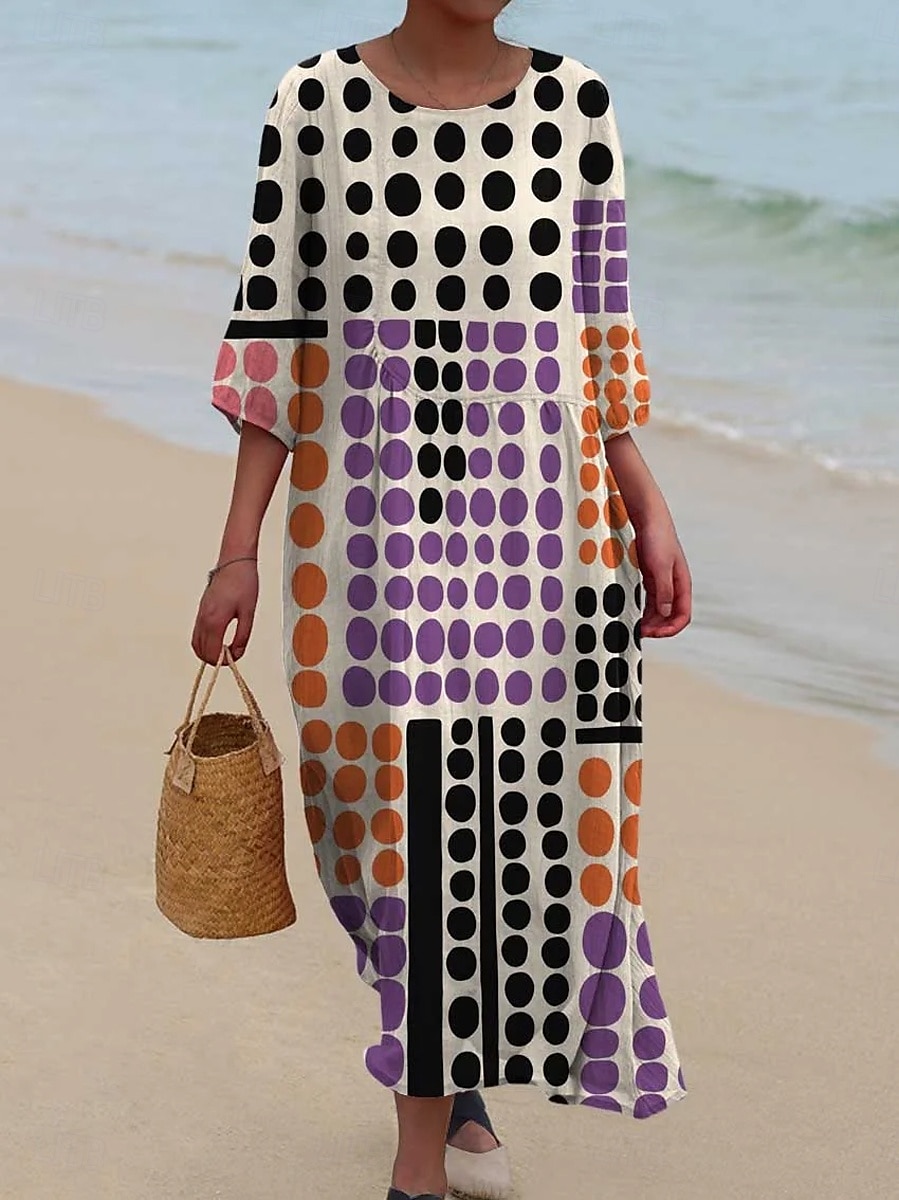 Damen Maxi Kleid Kaftan 3/4 Länge Ärmel Rundhalsausschnitt Lässiges Shift Kleid Kleid Boho Alltag Urlaub Date Grafisch Geometrisch Gelb Blau Lila Frühling Herbst 2025 - $41.99 –P2