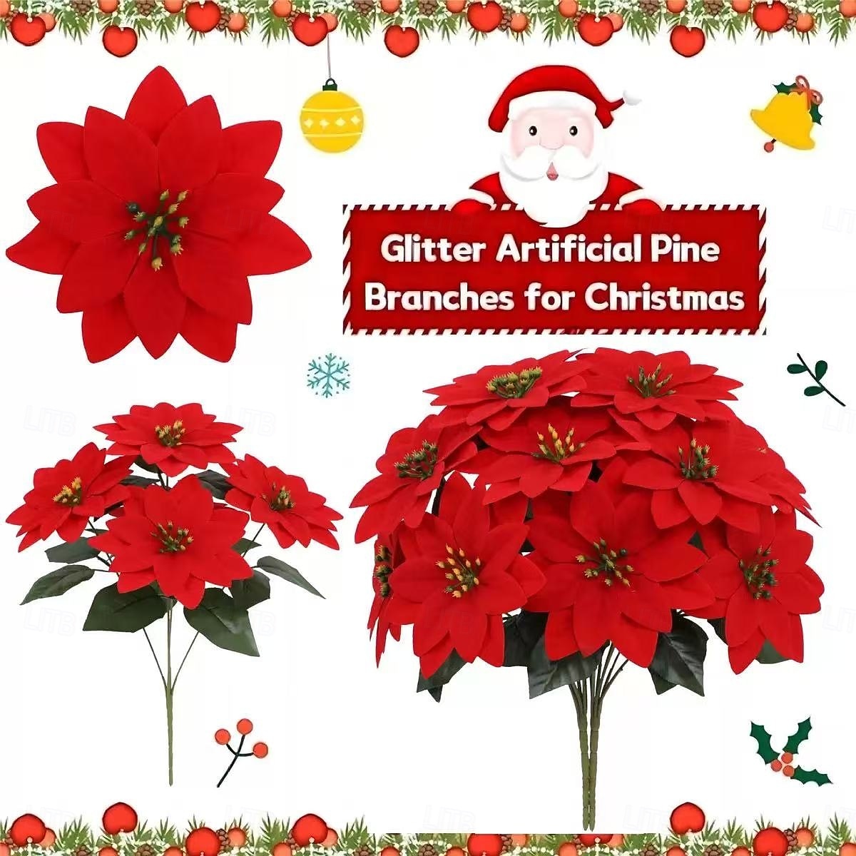 2 bunter julestjerne med 7 røde kunstige julestjerneblomster og grønne plastblader til hjemmedekor, spisebord, bryllup, juletre og utstilling året rundt 2025 - $13.49 –P1