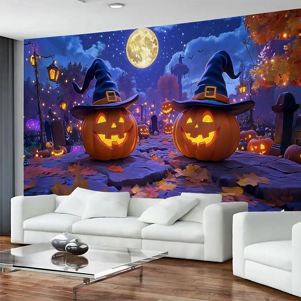 arazzo con sfondo fotografico di Halloween, cimitero cupo, lanterna di zucca e scenario di luna piena, grande murale decorativo per camera da letto, soggiorno, festa e decorazione della casa del 2026 a $17.99 –P2