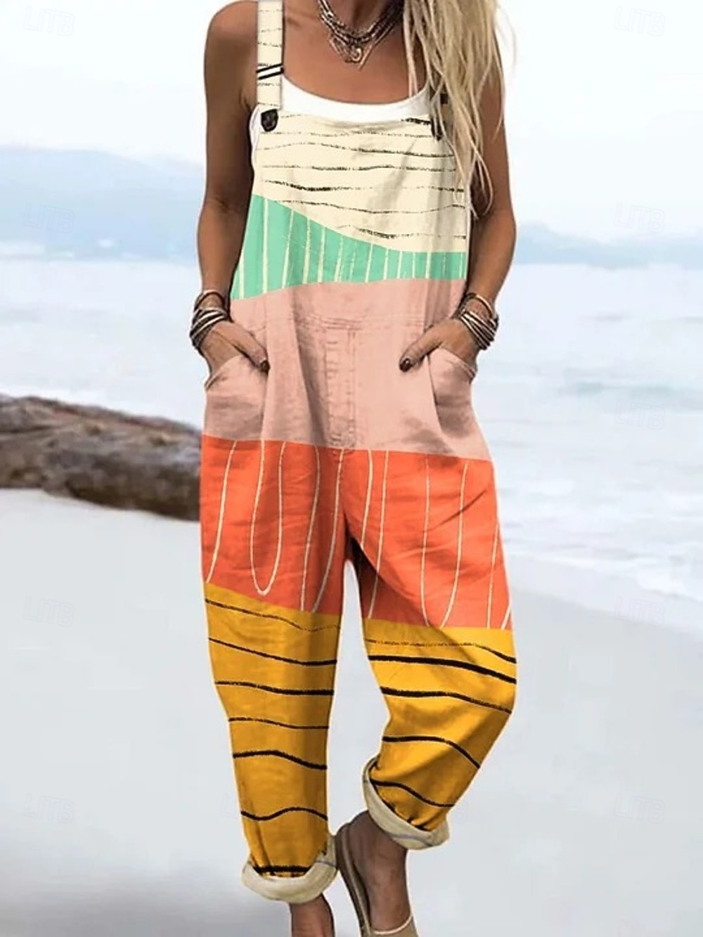 Women's 100% Cotton Dungarees Active Floral Sleeveless Sleeveless Straight Square Neck Pocket with Pocket Vacation Daily Loose Fit Blue Purple Orange Summer 2026 - $54.99 –P2