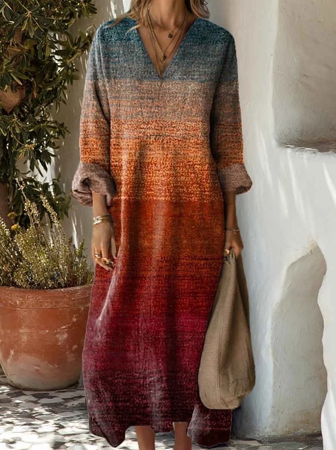 Damen Maxikleid Sommerkleid A Linie Kleid Urlaub Lässig Boho Party Ferien Strand Lässiger Schnitt Grafik Geometrisch Abstrakt Langarm V Ausschnitt Dunkelbraun Dunkelrot Rote Leicht Braun Frühling 2025 - $35.99 –P3