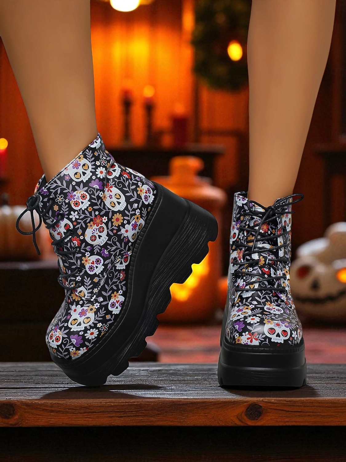 Botas femininas pretas plataforma com cadarço e caveira - botas góticas de cano curto com sola grossa para festas de outono, cosplay e dia dos mortos de 2025 por $34.99 –P4