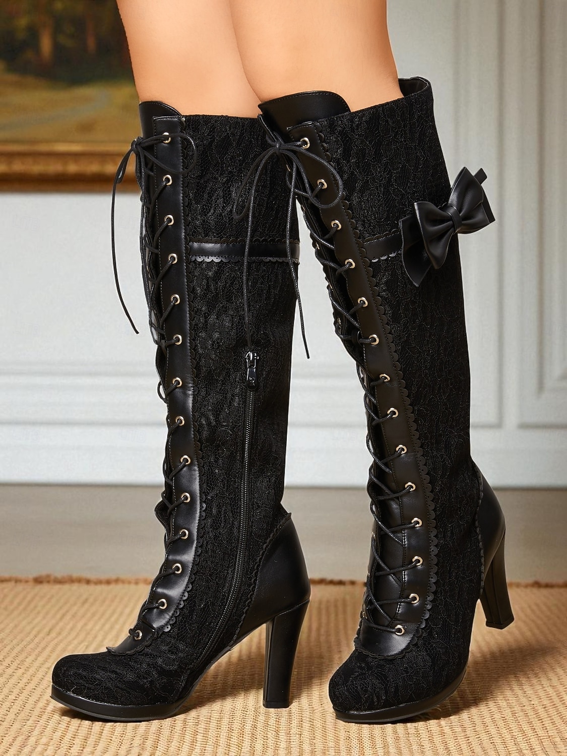 Cizme de damă până la genunchi, inspirate din stilul victorian din anii 1890, din dantelă neagră, cu fundă, pentru tocuri elegante, pentru petreceri tematice și evenimente vintage elegante &evenimente 2026 - $84.99 –P4