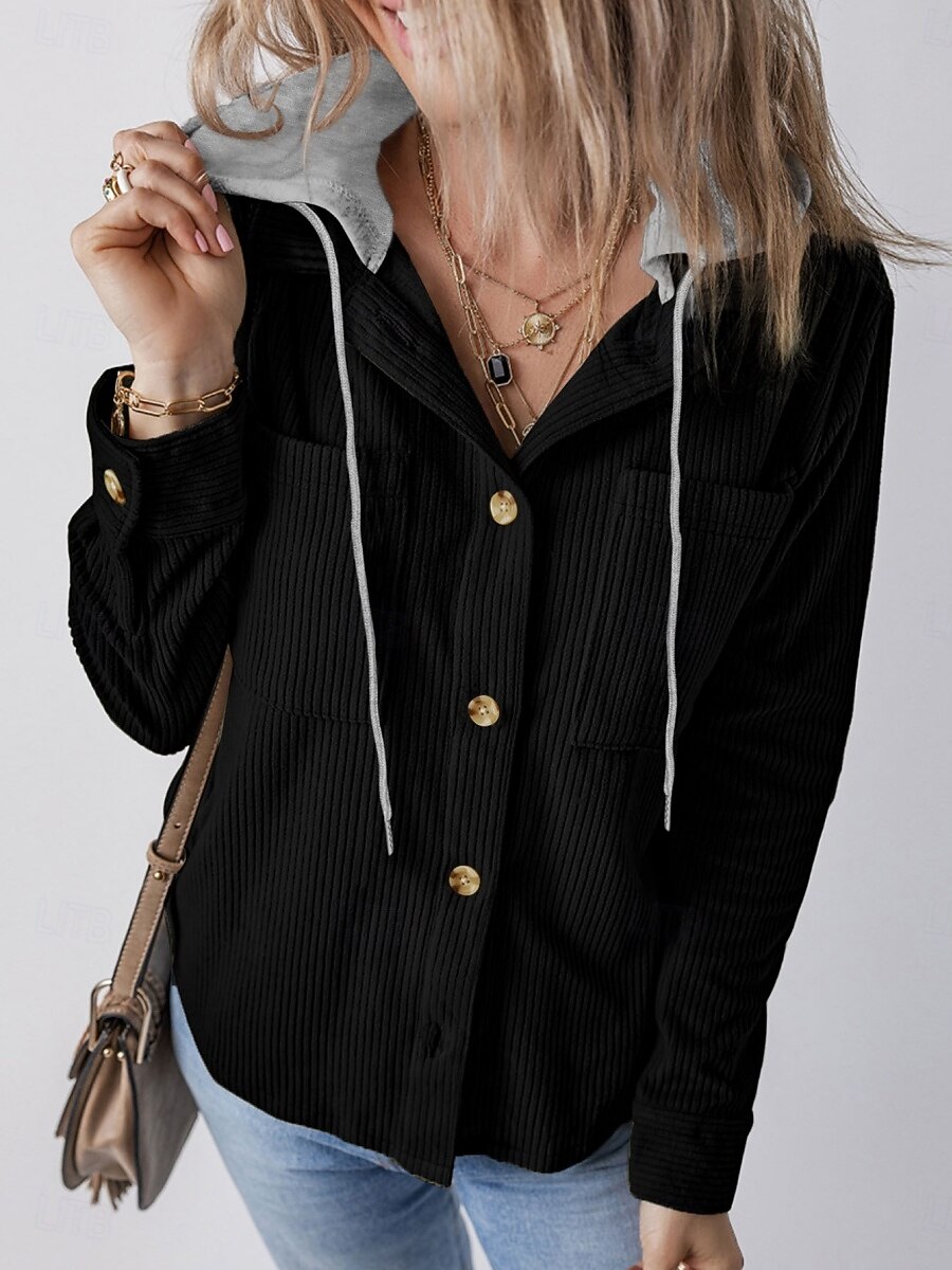 Mujer Chaqueta con capucha Cómodo Transpirable Botones Casual Plano Vacaciones Calle Casual Ropa Cotidiana Botonadura Simple Regular Con Capucha Ajuste regular Manga Larga Ropa de calle Azul marinero 2025 - $36.99 –P8