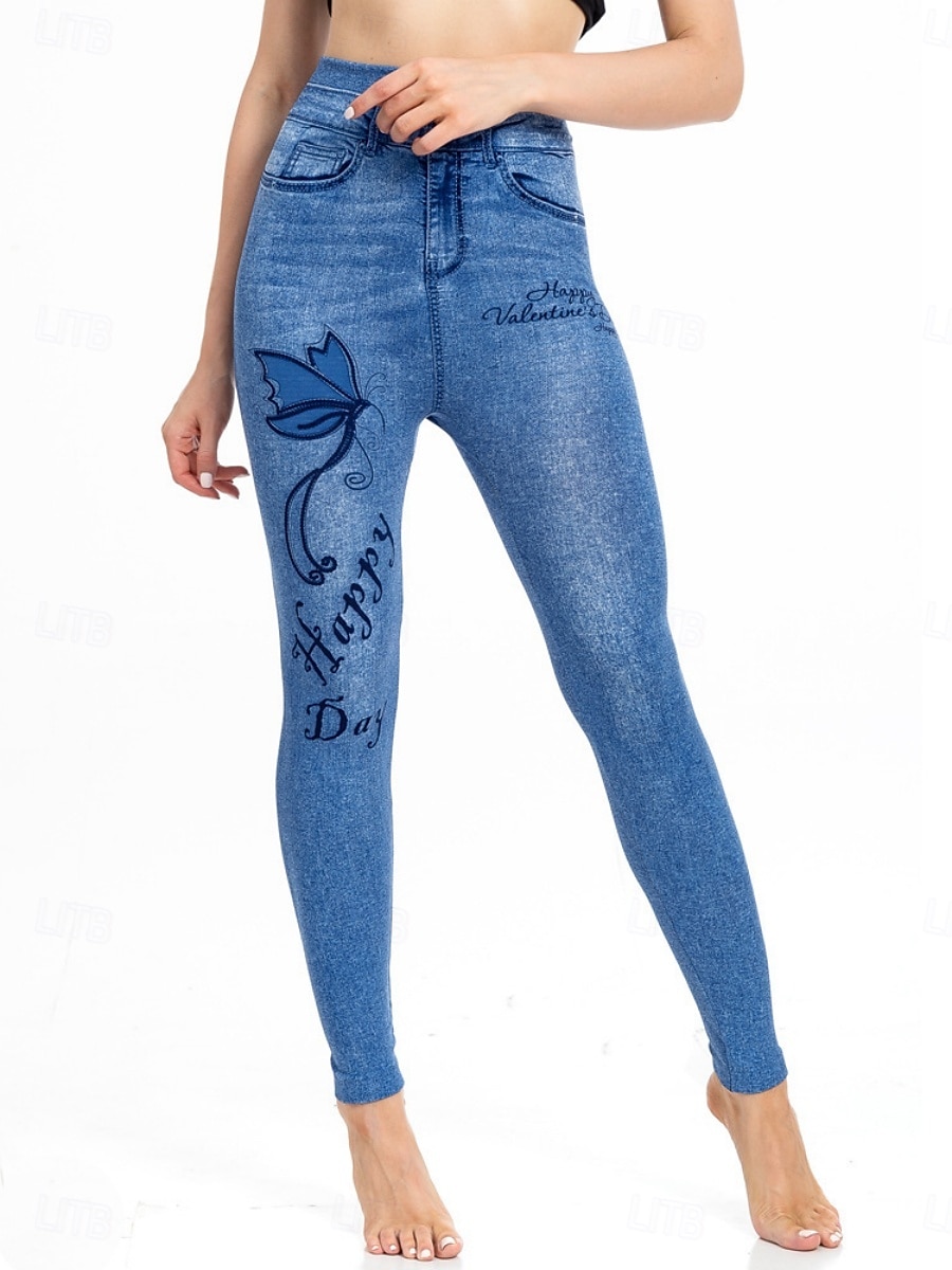 Dames Leggings Verontruste spijkerbroek Vakantie Vintage Casual Volledige lengte Hoge taille Bloemig Vlinder Elastische tailleband Opdrukken Zacht Comfortabel Rekbaar Buiten Straat blauw Luchtblauw 2026 - $24.99 –P2