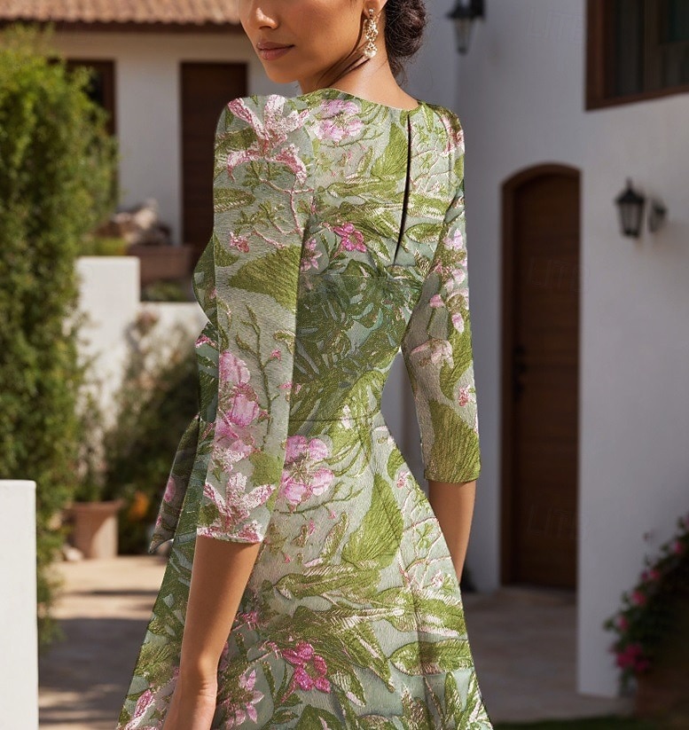 Abito A-Line in jacquard abito cocktail elegante abito formale invitata al matrimonio lunghezza al pavimento maniche lunghe scollo a V con tasca in nylon con fiocco(i) e tasca con spacco del 2025 a $139.99 –P2