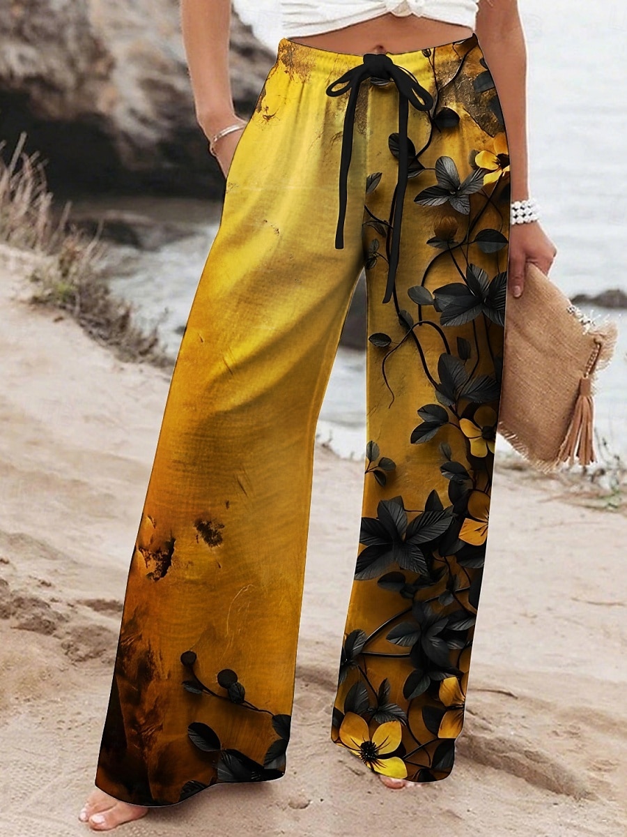Damen Weites Bein Hosen Hose Urlaub Lässig Lang Hohe Taille Blumen Elastischer Bund Drucken Hoher Schnitt Atmungsaktivität Weich Mikroelastisch Urlaub Straße Alltagskleidung Gelb Blau Dunkelgrün Grün 2025 - $20.99 –P2