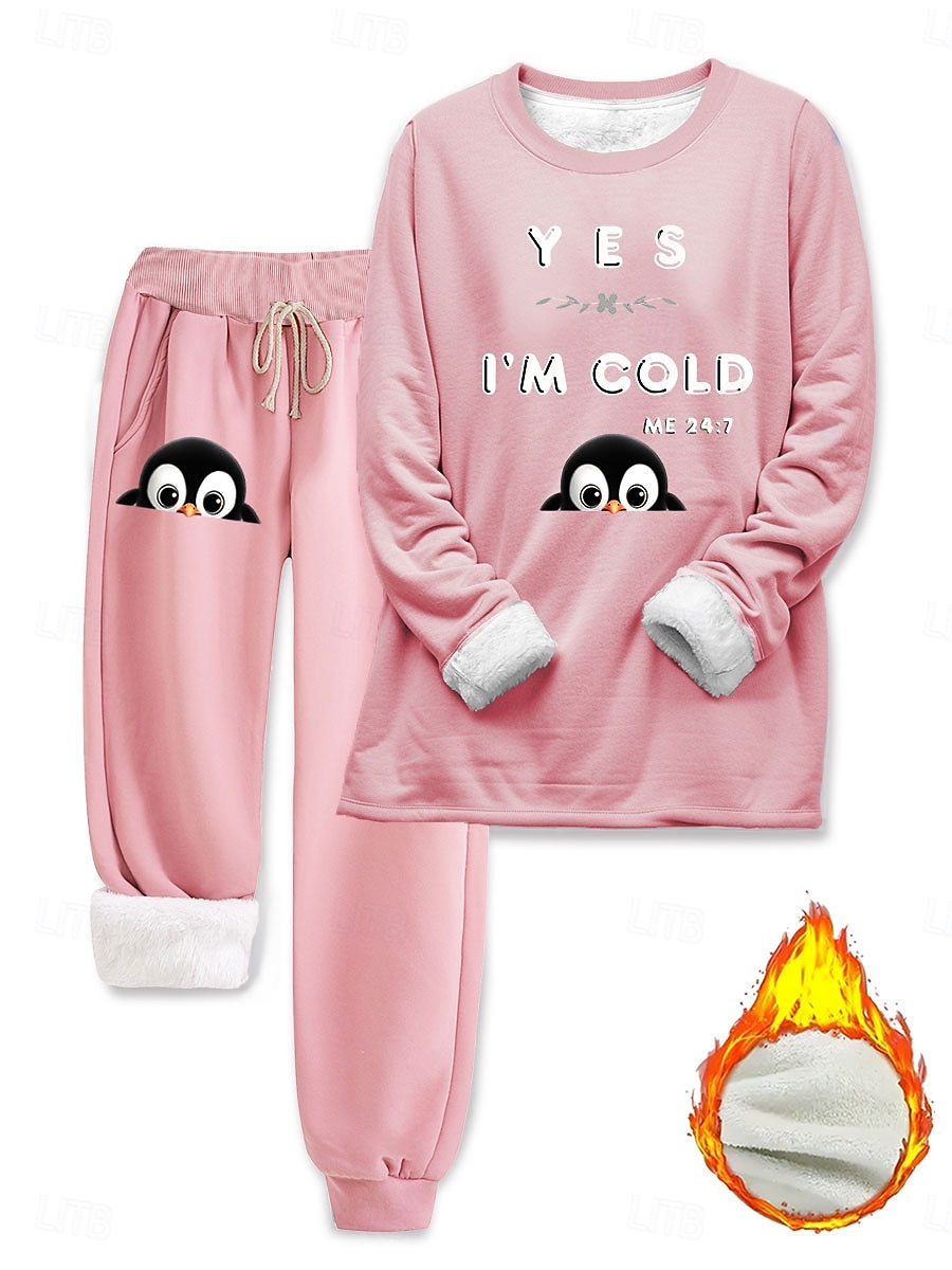 Ensemble de pyjama pour femmes Doublé en polaire Élégant Chaud Mode Deux pièces Ensemble de survêtement Pantalons Manches longues Col rond Imprimé d'animal graphique Lettre Vacances en plein air de 2025 ? $44.99 –P5