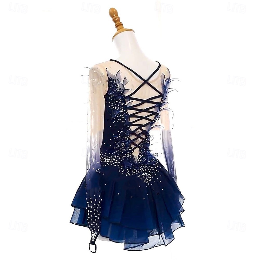 Figure Skating Dress Women's Girls' Ice Skating Dress Navy Blue Open Back Asymmetric Hem Mesh High Elasticity Training Competition Skating Wear Classic Crystal / Rhinestone Long Sleeve Ice Skating Figure 2026 - $239.39 –P6