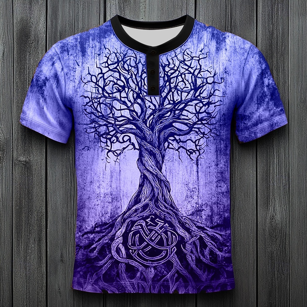 Men's Tree Pattern T Shirt Henley Shirt Short Sleeve Vintage Designer Retro Vintage Casual Daily Street Summer Spring All Seasons Blue Dark Green Purple Orange khaki Henley Henley T-Shirt 2026 - $20.99 –P3