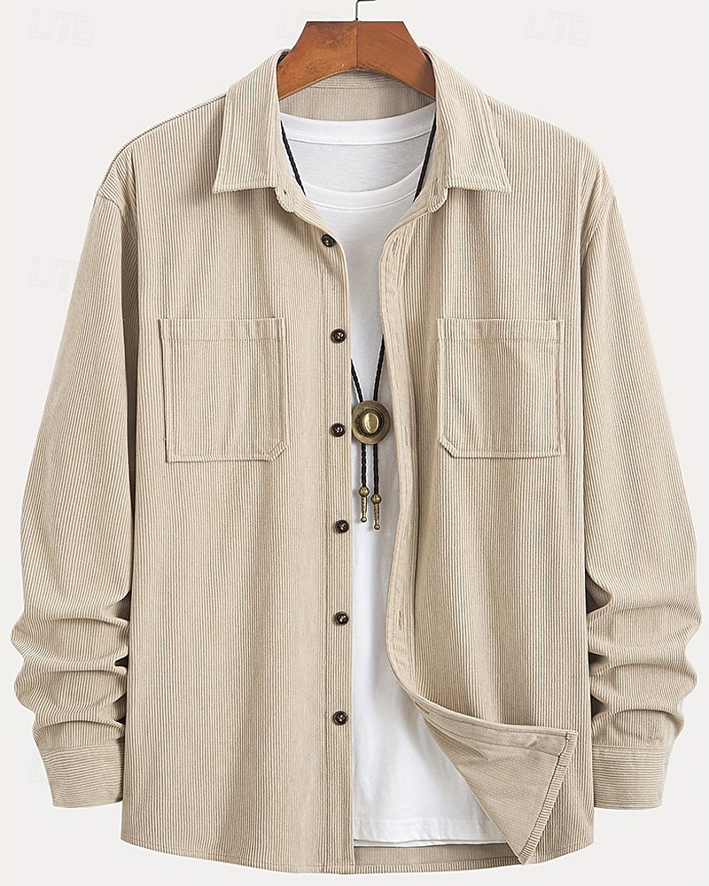 Men's Corduroy Shirt Shirt Jacket Winter Jacket Plain Vacation Daily Wear Army Green Beige Long Sleeve Lapel Spring Fall Clothing Apparel Pocket 2026 - $26.99 –P1