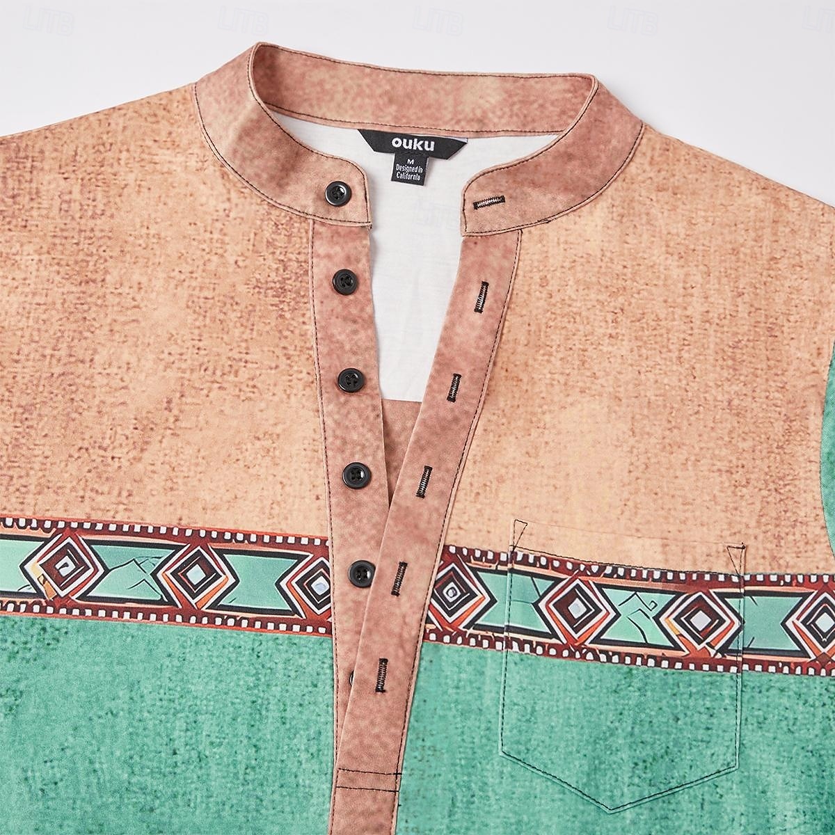 Men's Geometric Ethnic Henley Shirt Tee Long Sleeve Ethnic Casual Summer Spring Fall Lake blue Dark Gray Black Green Light Blue Henley Henley T-Shirt 2025 - $21.99 –P11