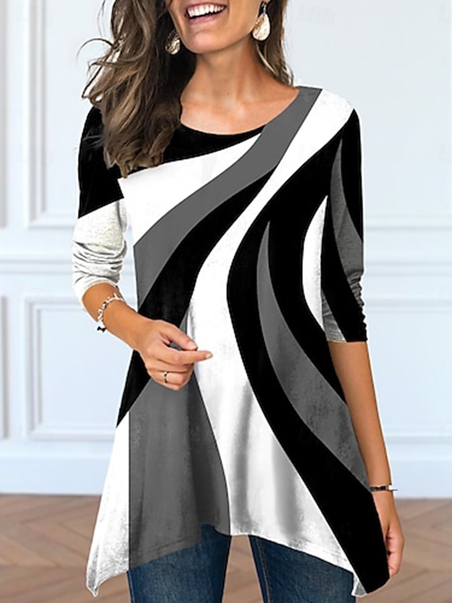 2026年 女性用 Tシャツ プリント アシメントリー グラフィック 幾何学模様 ヴィンテージ スタイリッシュ カジュアル 長袖 クルーネック ロングトップス 日常 ブルー ホワイト ダスティブルー グレー 夏 春  コレクション – $24.99 –P1