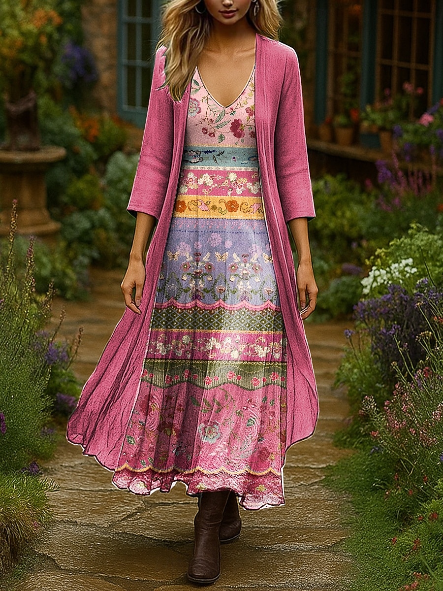 Dam Klänning Set Maxiklänning A linjeklänning Sommarklänning Semester Boho Nyans Blommig Multi lager Mönster Maxiklänning 3/4 ärm V-hals Utomhus Dagligen Svart Rodnande Rosa Orange Sommar Vår Normal 2025 - $51.99 –P6