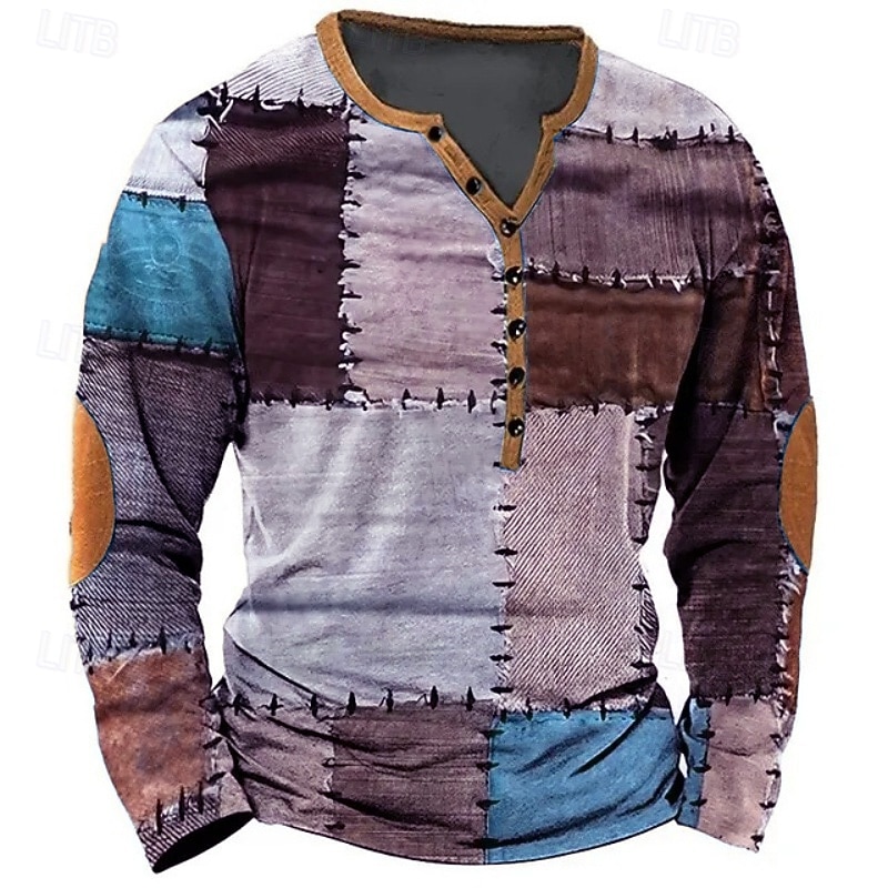 Homme Patchwork T-shirt Chemise Henley manche longue ancien Designer Élégant Extérieur Occasionnel Quotidien Printemps & Été Toutes saisons Violet Vert Kaki Café Gris Henley T-shirt Henley de 2025 ? $10.49 –P5