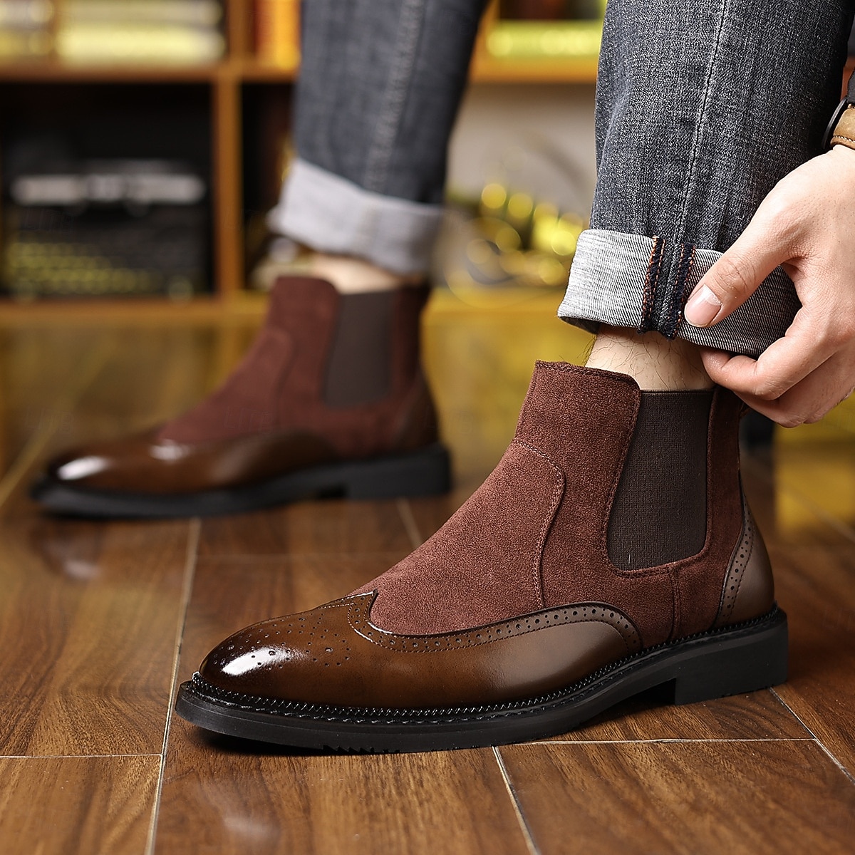herr chelseaboots med vingspetsbrogue - klassiska business casual ankelboots för kontor och vardagsbruk 2025 - $54.99 –P1