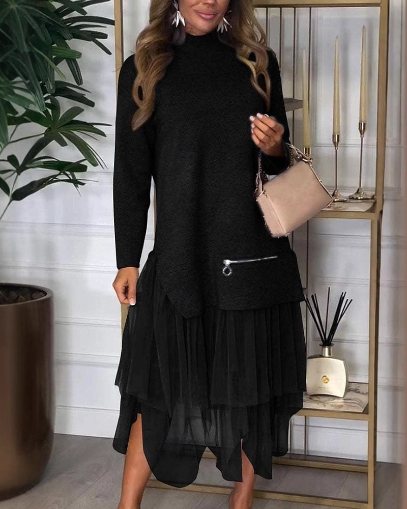Dam Midiklänning Klänning Set Mode Modern Utomhus Semester Helgdag Normal Slät Långärmad Polokrage Svart Blå Brun Grå Vinter 2025 - $31.99 –P3
