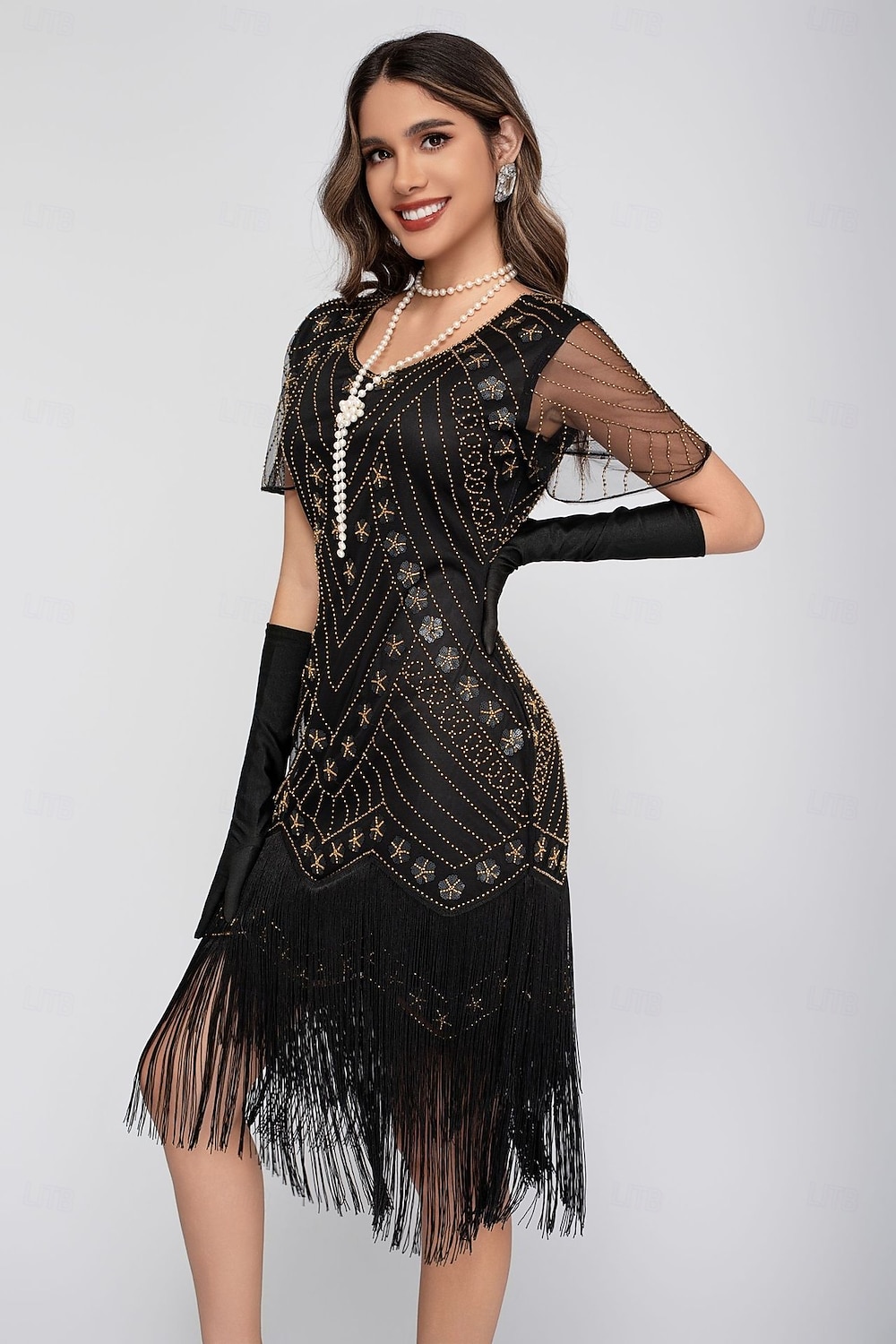 Rugido 20s 1920s Hasta la Rodilla Vestido Flapper Mangas cortas El gran Gatsby Chica de la aleta Lentejuelas Franja Funda Columna Escote en Pico Disfraz Mujer Navidad Carnaval Fiesta de Noche Boda 2026 - $46.99 –P13
