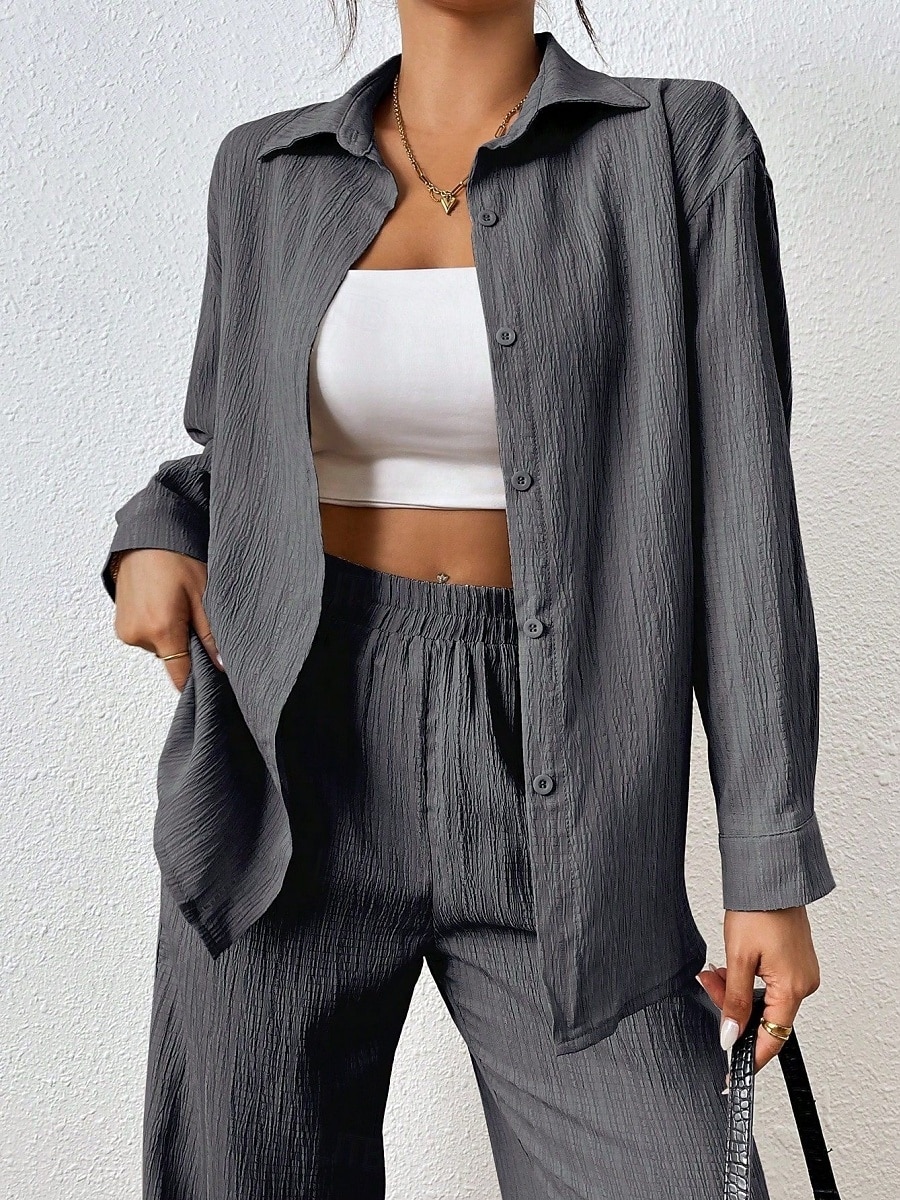 Femmes Mode Streetwear Ensembles de Pantalons manche longue Col de chemise Couleur Unie Tenue quotidienne Date Noir Beige Gris Printemps Coupe régulière de 2025 ? $37.99 –P4