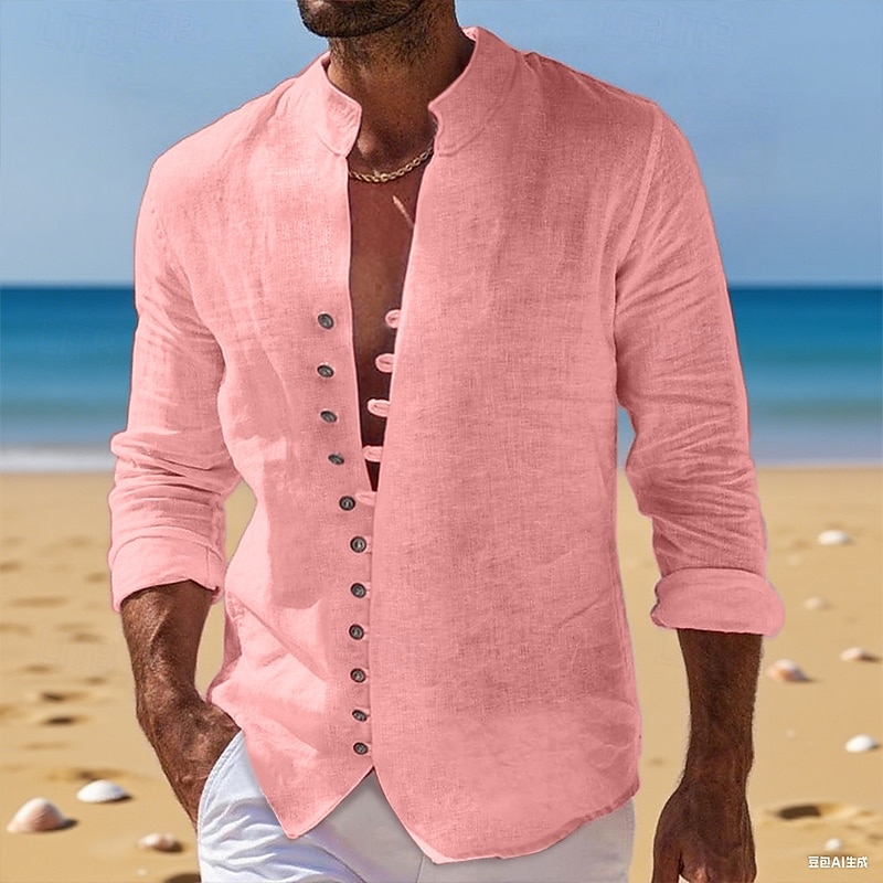 Per uomo Camicia Camicia di lino Camicia Estiva Camicia casual Camicia con Bottoni Semplice Vacanza Crociera Nero Bianco Rosa Blu Manica Lunga Colletto alla coreana Estate Primavera & Autunno del 2025 a $22.99 –P7