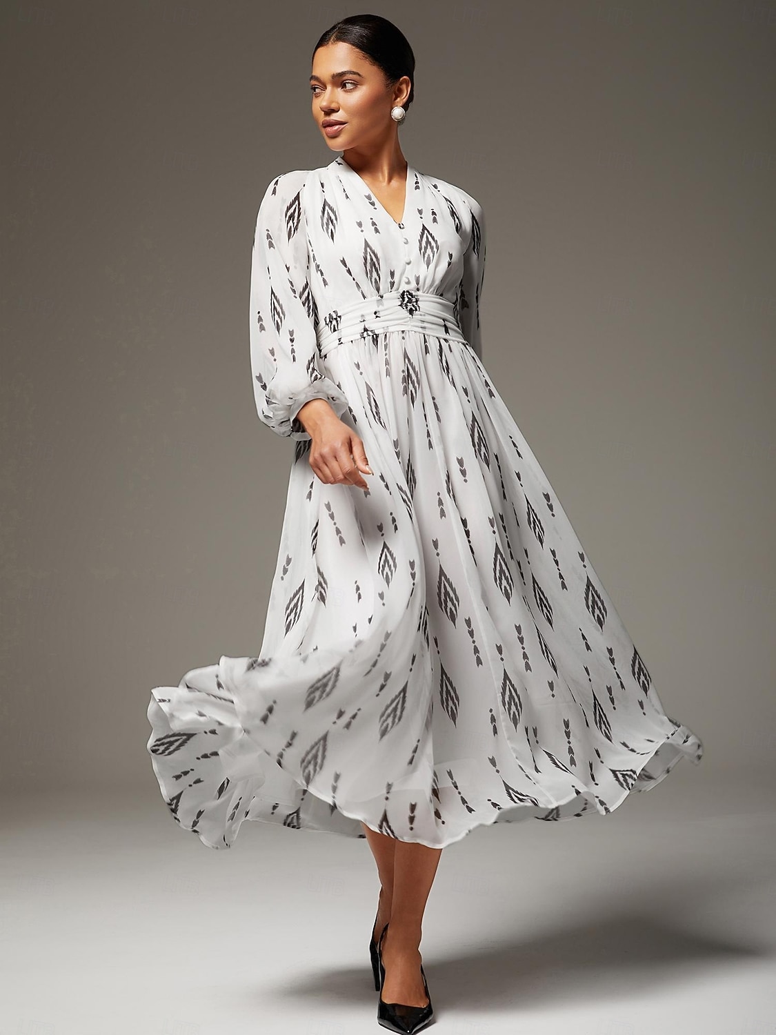 Dámské černobílé šifonové maxi šaty s potiskem, elegantní, se stahujícím pasem, slim fit, večírek, do práce, denně, podzim 2025 - $152.99 –P1