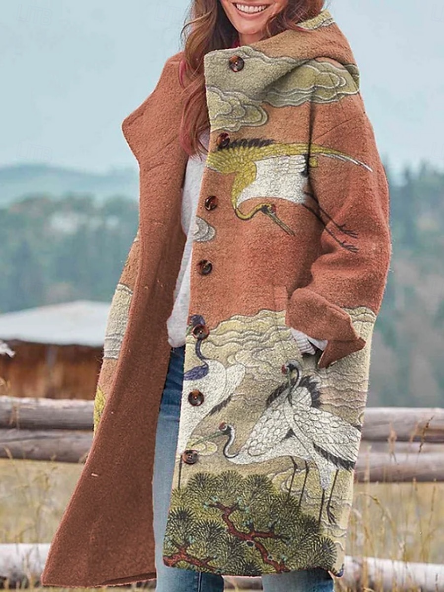 Dame Vinterjakke Fleece-jakke Frakk Hold Varm Pustende Lomme Knapper Trykt mønster Aktiv Daglig Fritid Landskap Feriereise Gate Daglig Enkeltkneppet Lang Hettegenser Normal Langermet Yttertøy Gul 2025 - $46.99 –P2