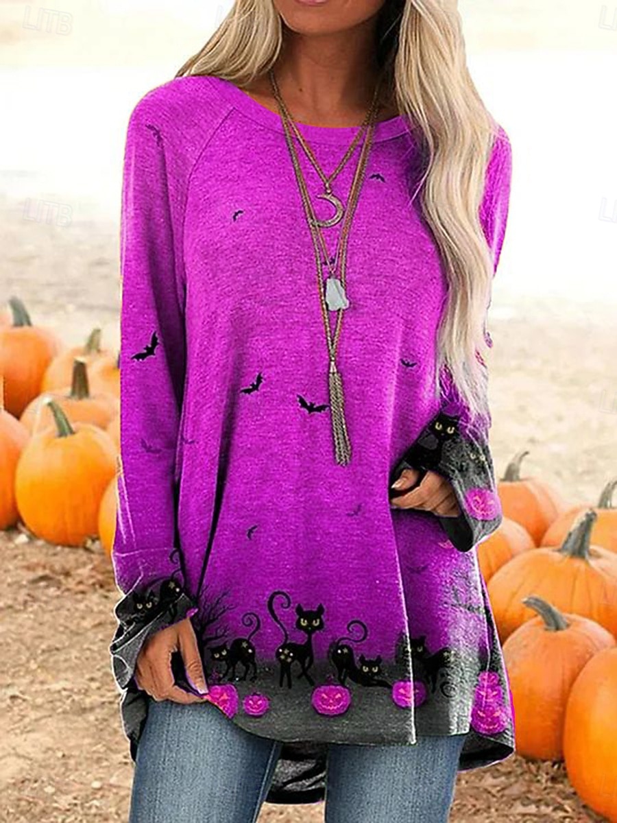Halloween dámské tričko s dlouhým rukávem grafický Halloween vintage stylové casual dlouhý rukáv kulatý výstřih dlouhé topy denní tisk černá bílá žlutá oranžová jaro podzim předpodzim 2025 - $24.99 –P2