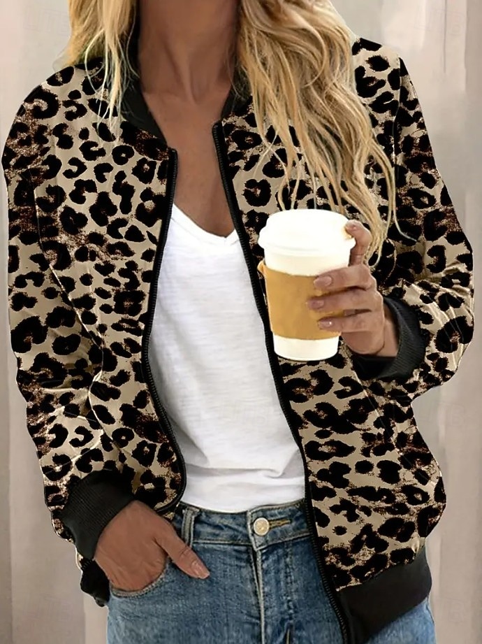 Damen Freizeitjacke Warm Schnelltrocknend Reißverschluss Tasche Elegant Mode Täglich Einfach Leopard Urlaub Lässig Täglich Ferien Regulär Baseball-Kragen Normale Passform Langarm Oberbekleidung 2025 - $32.99 –P1