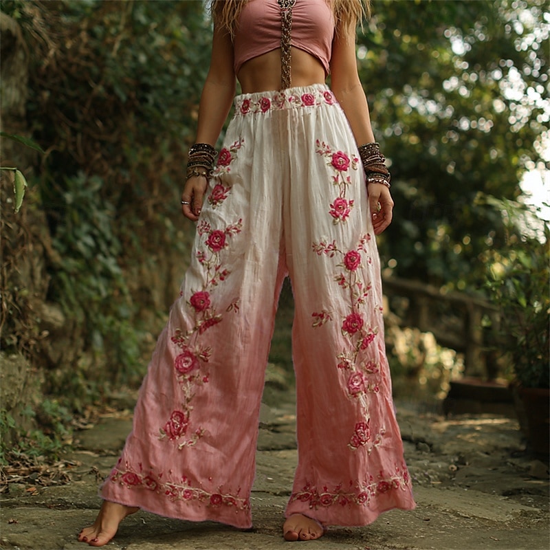 Femmes Jambe large Pantalons Pantalon palazzo ancien Boho Longueur complète Taille haute Fleur Taille Élastique Impression Respirabilité Confortable Rue Tenue quotidienne Sortir Rose dragée Printemps de 2025 ? $19.99 –P1