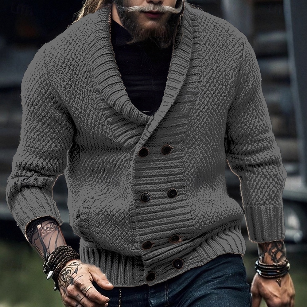 Муж. Кардиган Укороченный свитер Вязаный свитер Рельефный узор Вязать Обычные топы Карман Пуговицы Полотняное плетение Воротник шалевого типа Мода Классика Отпуск На каждый день Одежда Осень Зима 2025 - $42.99 –P7