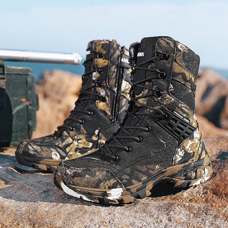 2026年 滑り止めソールを備えたメンズ迷彩タクティカルブーツ、狩猟、パトロール、サバイバルギア用の通気性のある軍用戦闘靴  コレクション – $79.99 –P2