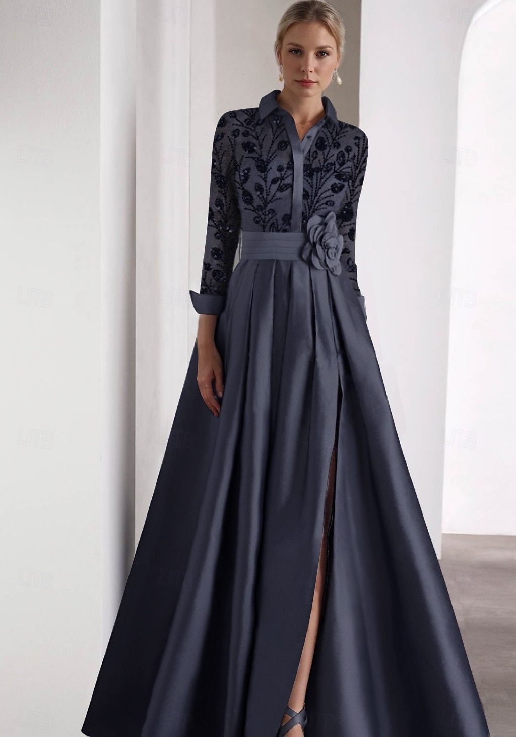 Brodert A-Linje Kveldsdrakt Elegant Kjole Formell Bryllupsgjest Gulvlengde Lang Erme Skjortekrage SATIN med Glitrende Slitt 2025 - $162.99 –P2