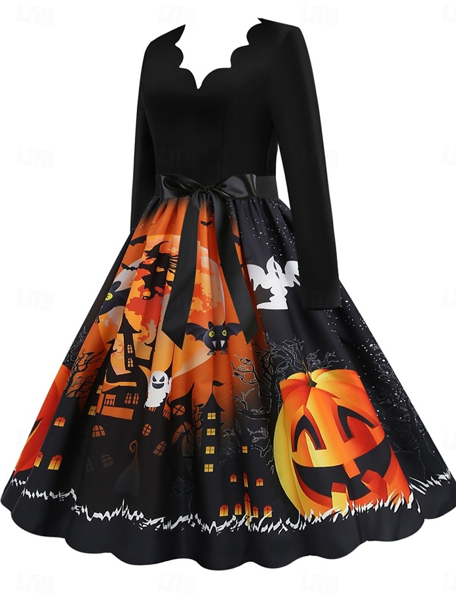 Rochie midi de Halloween pentru femei cu imprimeu de dovleac rochie în formă de A casual zi de zi vacanță croială regulată dovleac mânecă lungă guler în V galben albastru mov portocaliu vară 2025 - $28.99 –P2