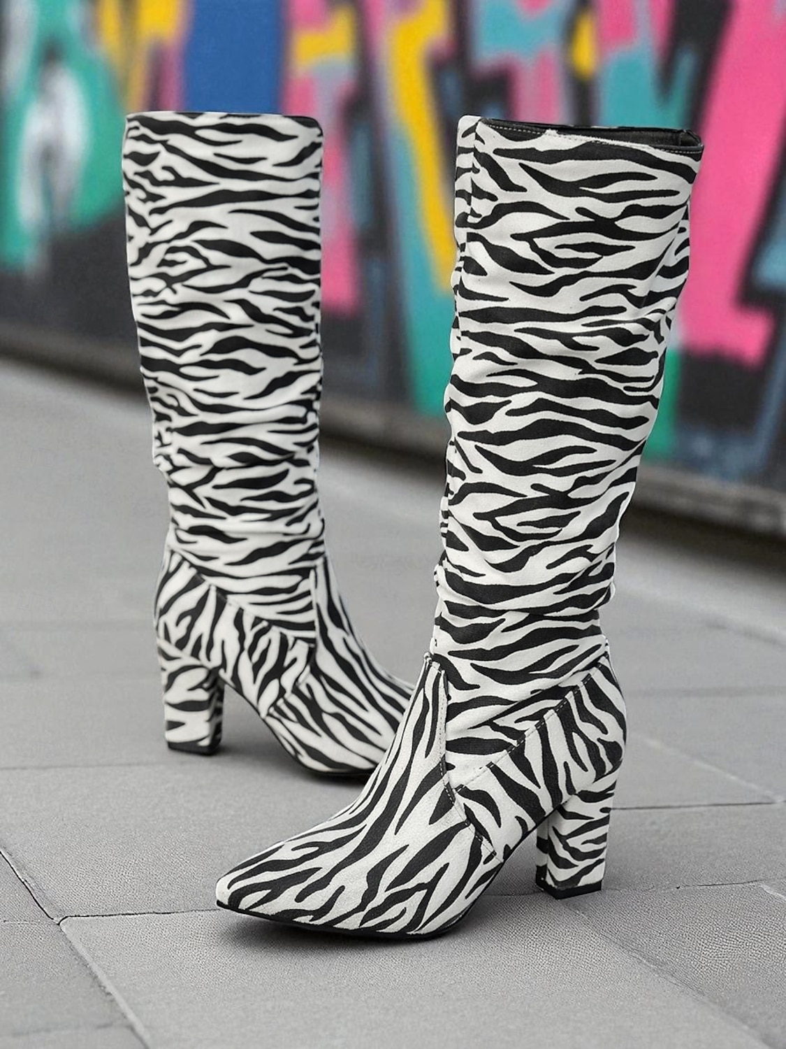 Women's Zebra - Striped Slouchy Knee - High Block Heel Boots - Edgy Streetwear Shoes for Casual Hangouts and Night Events 2026 - $46.99 –P4