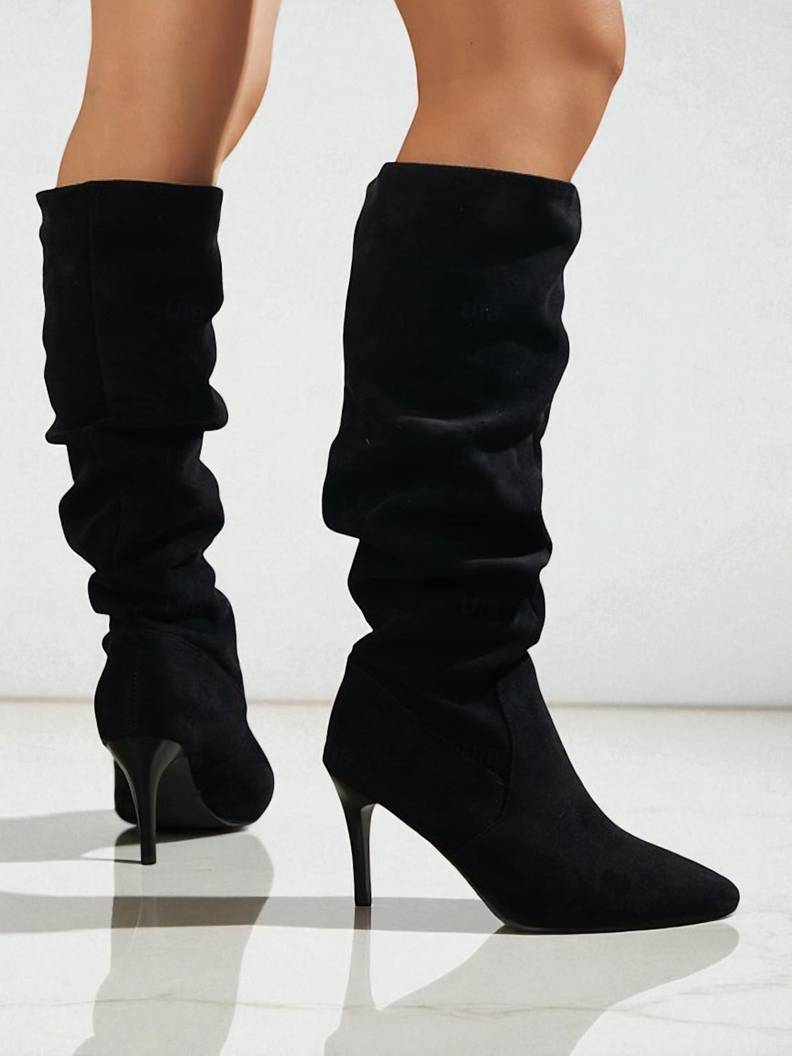 Botas femininas de cano alto, estilo slouch, de camurça sintética bege, com salto agulha - calçados da moda outono para looks estilosos do dia a dia e para encontros casuais de 2026 por $54.99 –P2