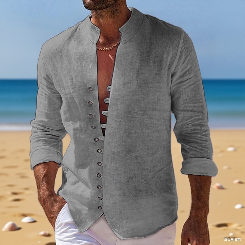 Per uomo Camicia Camicia di lino Camicia Estiva Camicia casual Camicia con Bottoni Semplice Vacanza Crociera Nero Bianco Rosa Blu Manica Lunga Colletto alla coreana Estate Primavera & Autunno del 2025 a $22.99 –P6