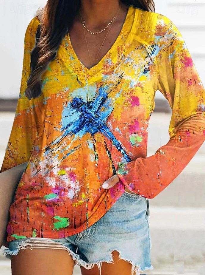 2026年 女性用 Tシャツ プリント グラフィック 猫 トンボ エレガント ボヘミア ヴィンテージ 長袖 Ｖネック レギュラートップス 日常 お出かけ 週末 ブルー ブラックとホワイト ブラック イエロー ダークグリーン 春 秋  コレクション – $24.99 –P3