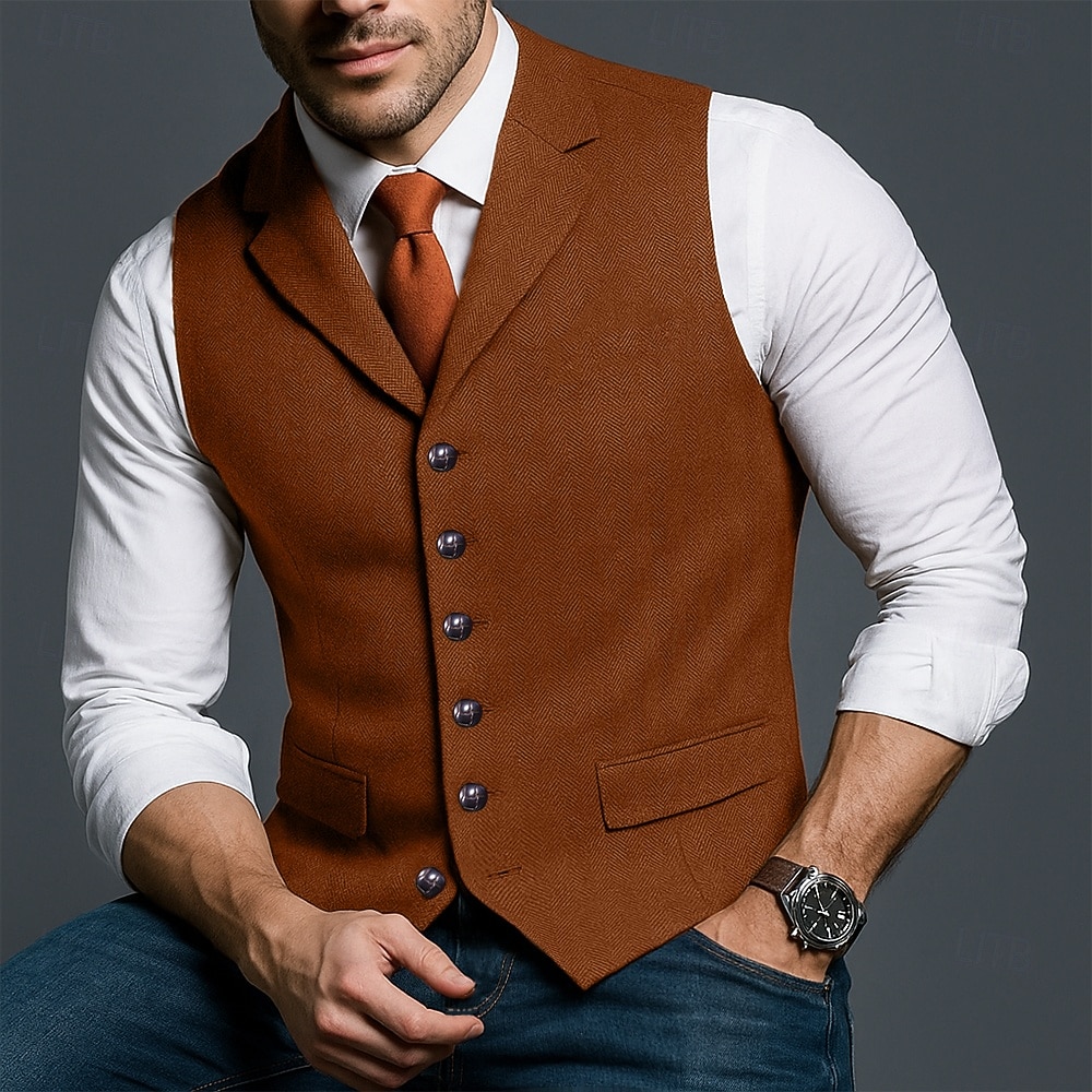 Herren Tweedweste Weste Formell Hochzeit Urlaub Täglich Mode Klassisch Frühling Herbst Tasche Knöpfe Polyester Tweed Bequem Einfach Fischgrätenmuster Einreihig V Ausschnitt Revers Schmale Passform 2025 - $35.99 –P9