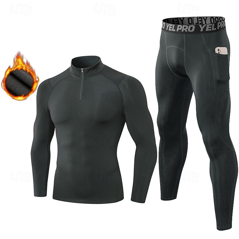 2025年 男性用 ワークアウトスーツ ベースレイヤー上部と下部 2ピーススポーツセット フリース裏地付き ソリッド スーツウェア 秋冬 ブラック ホワイト スパンデックス ジム バスケットボール アスレチック ハイウエスト 速乾性 ウォーム 高通気性 長袖 スポーツ アクティブウェア マイクロエラスティック タイトフィット  コレクション – $41.99 –P10