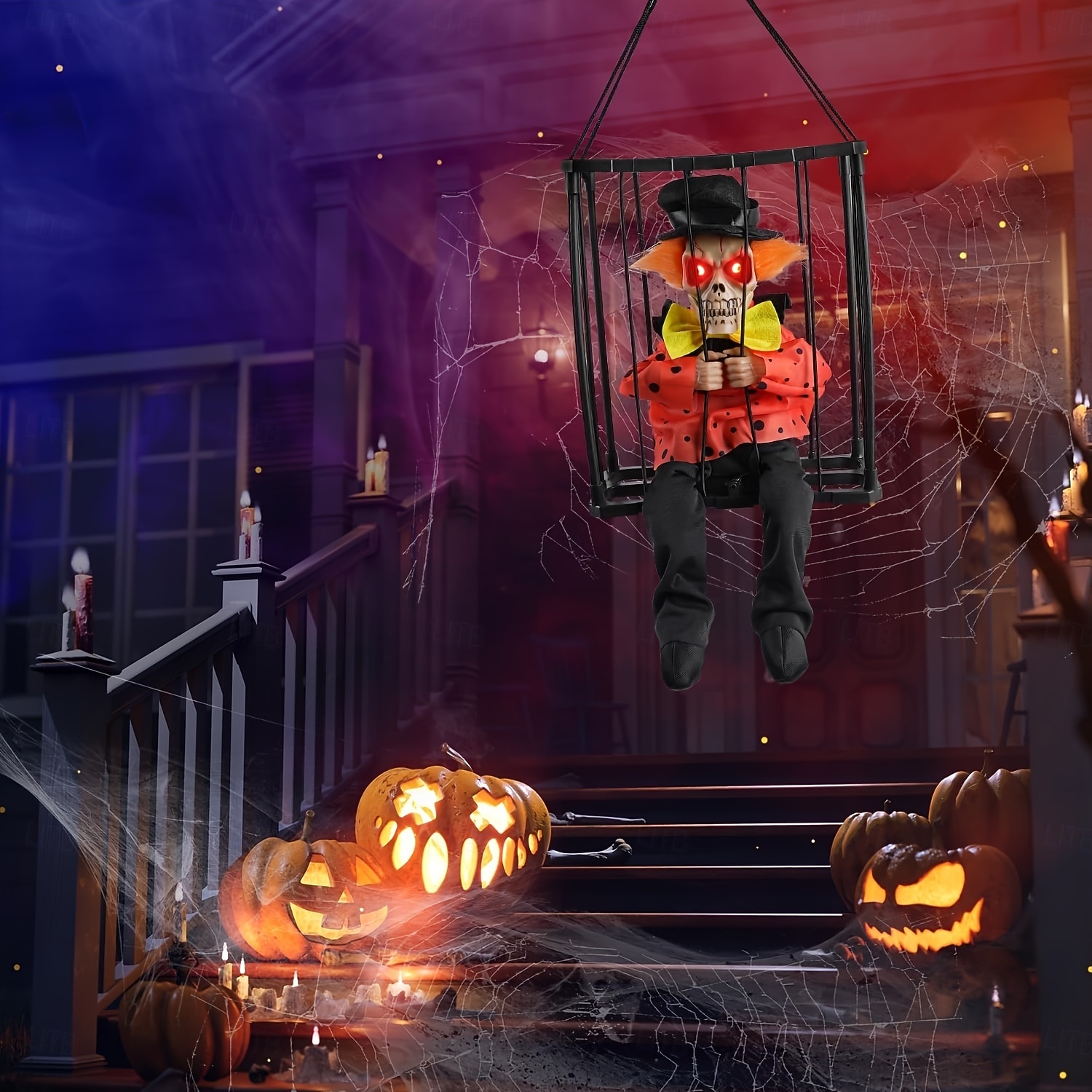 Decorazione animata di Halloween, 1 pezzo di clown urlante attivato dal sensore di movimento in gabbia con occhi luminosi, spettrale oggetto di scena fantasma prigioniero per decorazioni da del 2025 a $24.99 –P7