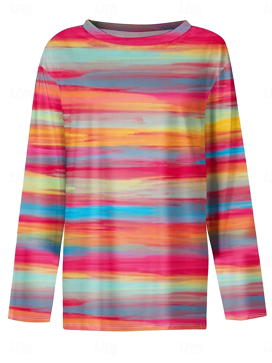 Koszulka damska T-shirt Długi rękaw Graficzna Geometryczna Pasiasta Vintage Stylowa Klasyczna Długi rękaw Crew Neck Okrągły Dekolt Regularne Topki Codzienny Druk Tęcza Wiosna Jesień Zima Przedjesień 2026 - $24.99 –P2